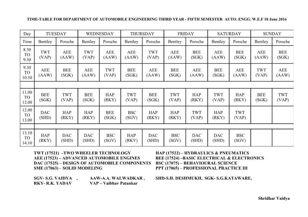 Proposed Time-Table for Department of Automobile Engineering ( W