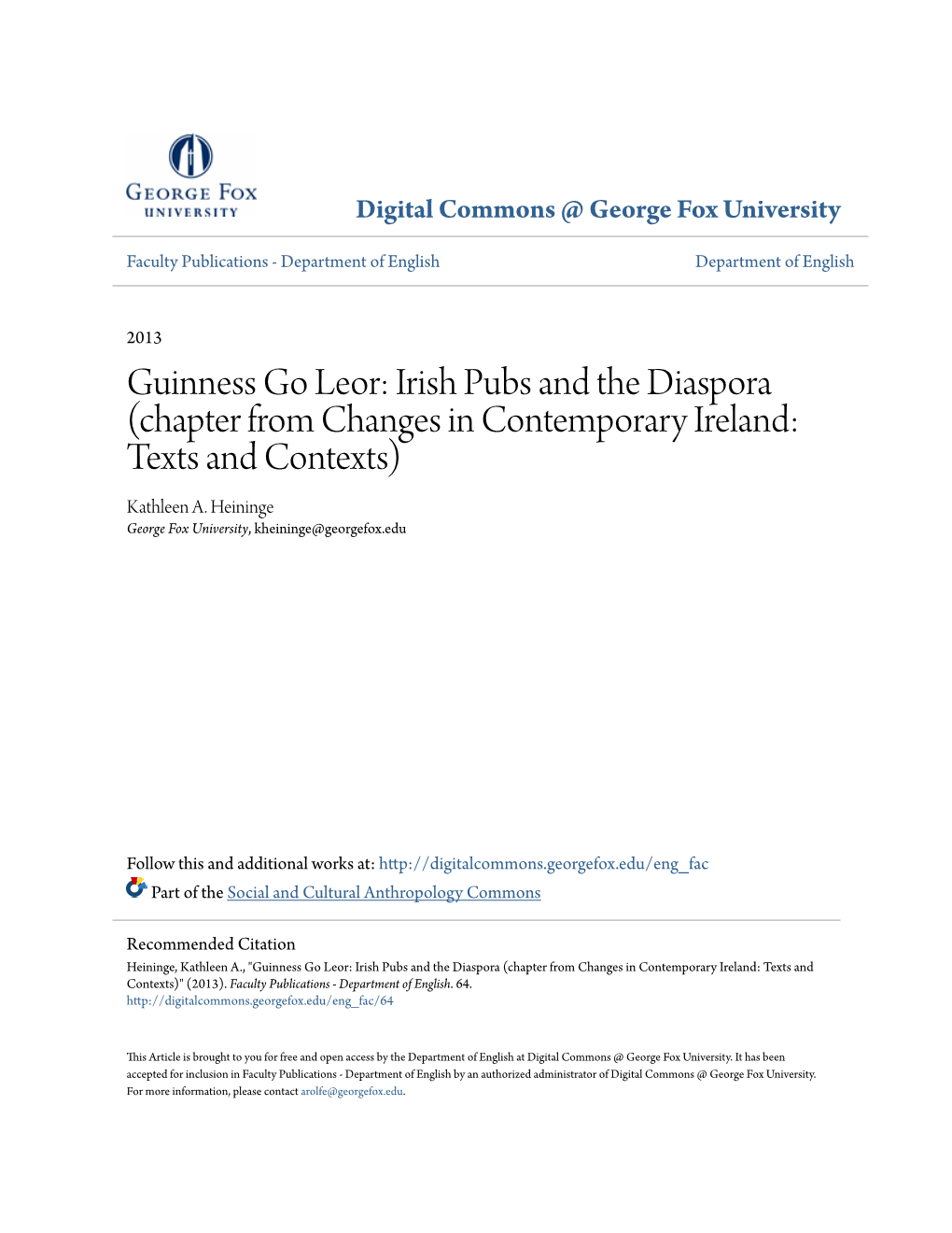 Irish Pubs and the Diaspora (Chapter from Changes in Contemporary Ireland: Texts and Contexts) Kathleen A