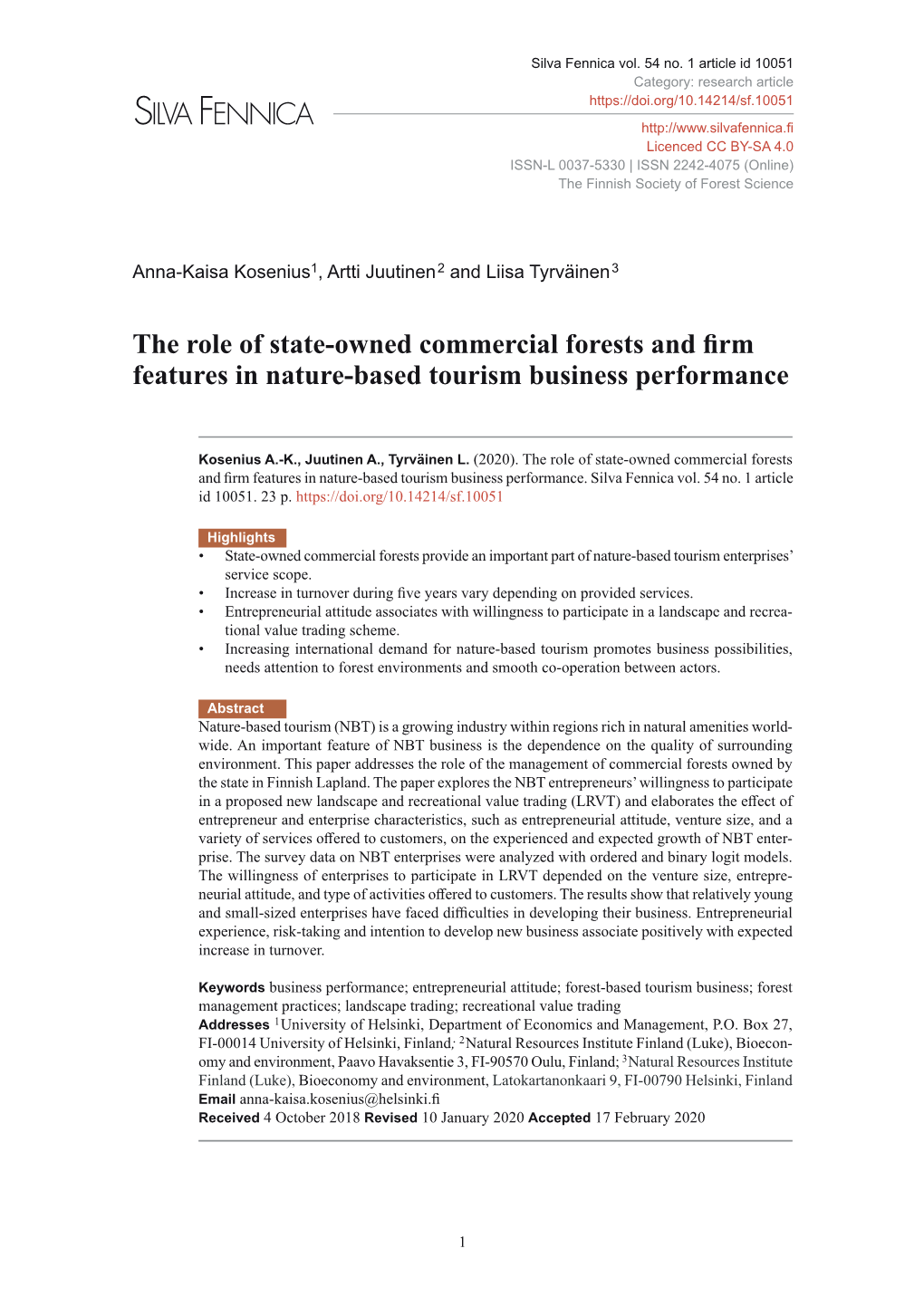 The Role of State-Owned Commercial Forests and Firm Features in Nature-Based Tourism Business Performance