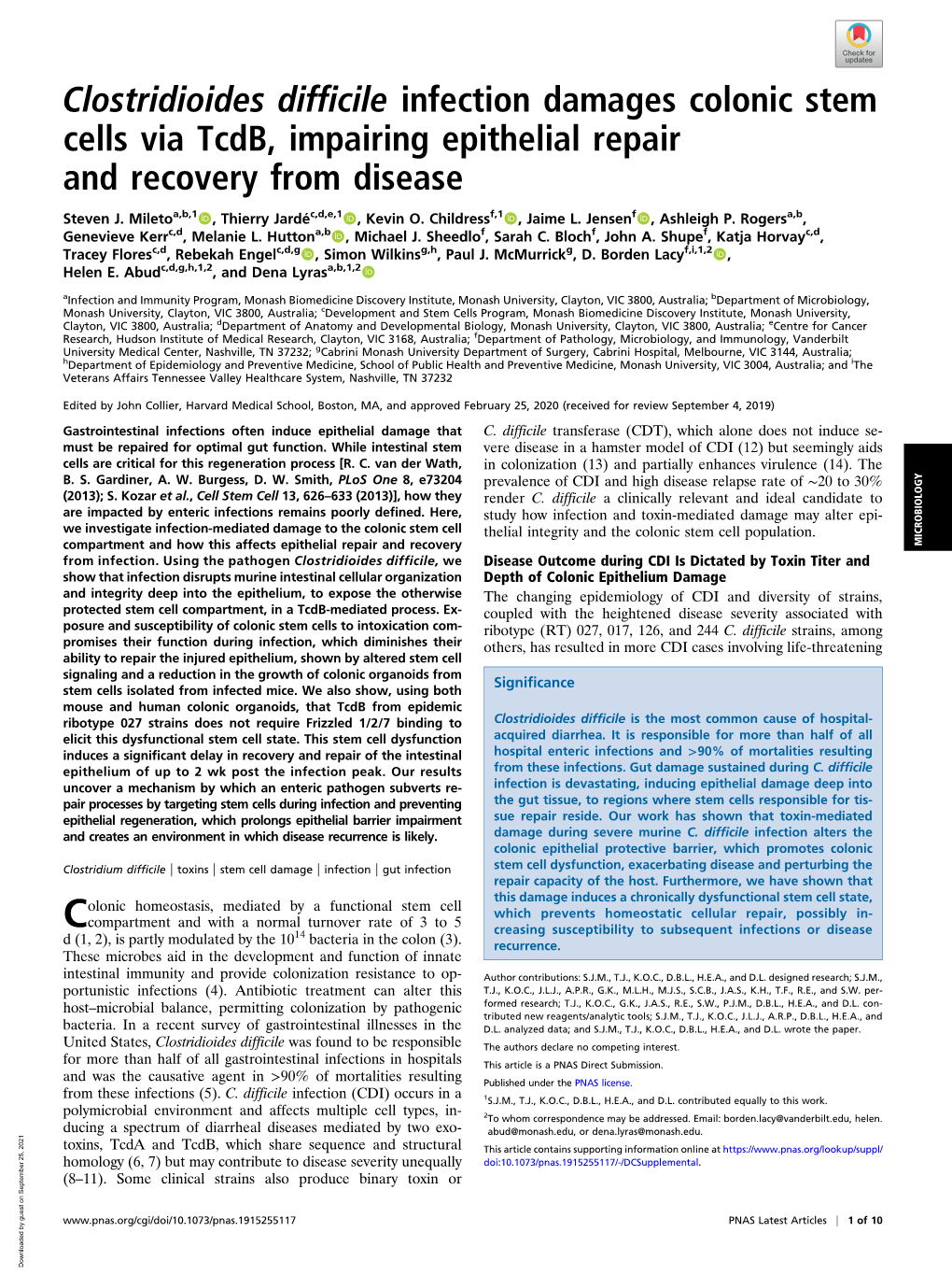 Clostridioides Difficile Infection Damages Colonic Stem Cells Via Tcdb, Impairing Epithelial Repair and Recovery from Disease