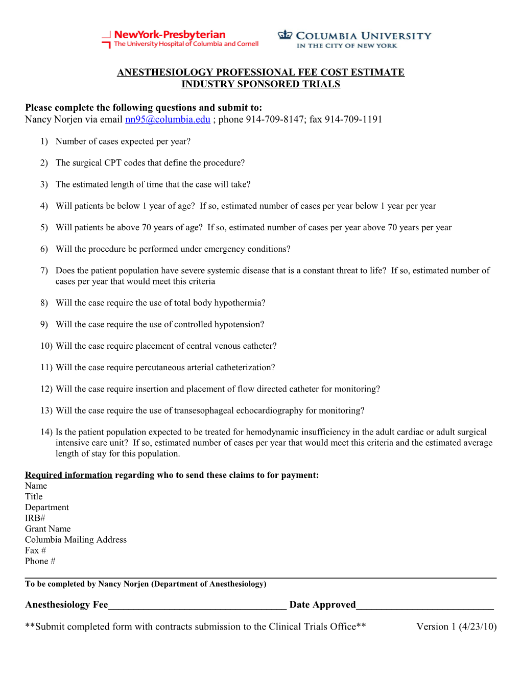 Anesthesiology Professional Fee Cost Estimate