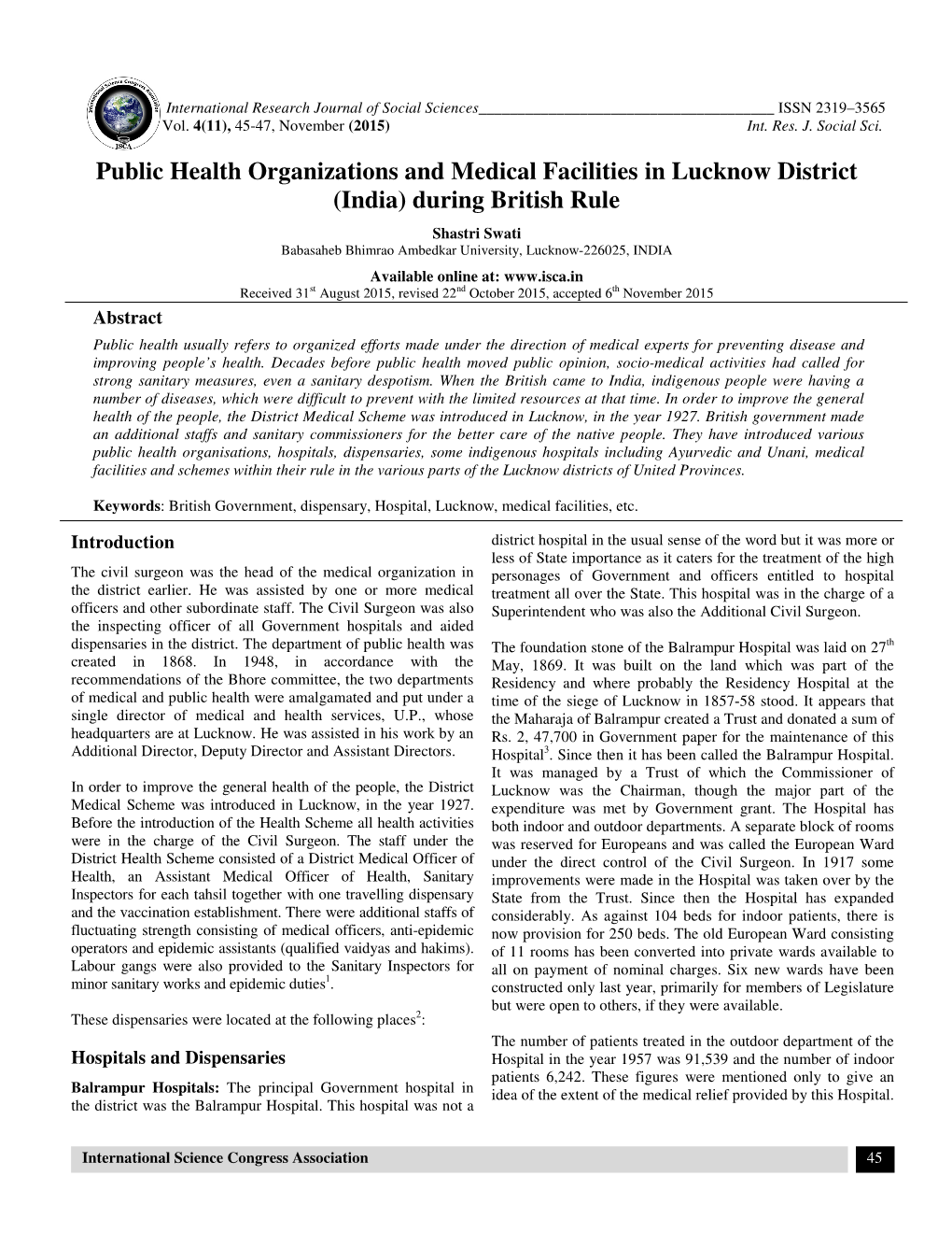 Public Health Organizations and Medical Facilities in Lucknow District (India) During British Rule