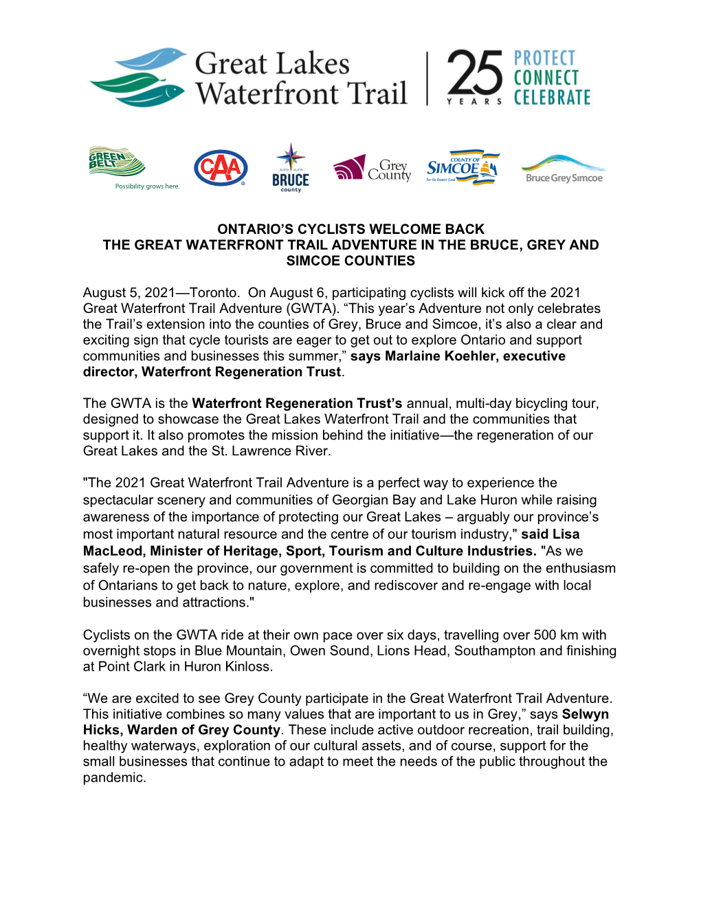 ONTARIO's CYCLISTS WELCOME BACK the GREAT WATERFRONT TRAIL ADVENTURE in the BRUCE, GREY and SIMCOE COUNTIES August 5, 2021—