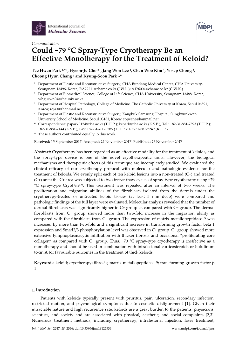 79 °C Spray-Type Cryotherapy Be an Effective Monotherapy for the Treatment of Keloid?