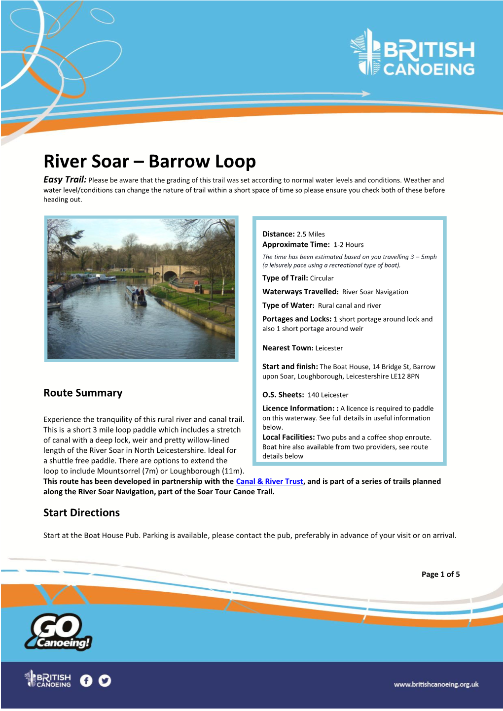 River Soar – Barrow Loop Easy Trail: Please Be Aware That the Grading of This Trail Was Set According to Normal Water Levels and Conditions