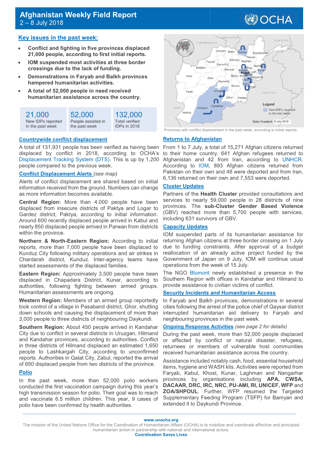 Afghanistan Weekly Field Report 2 – 8 July 2018