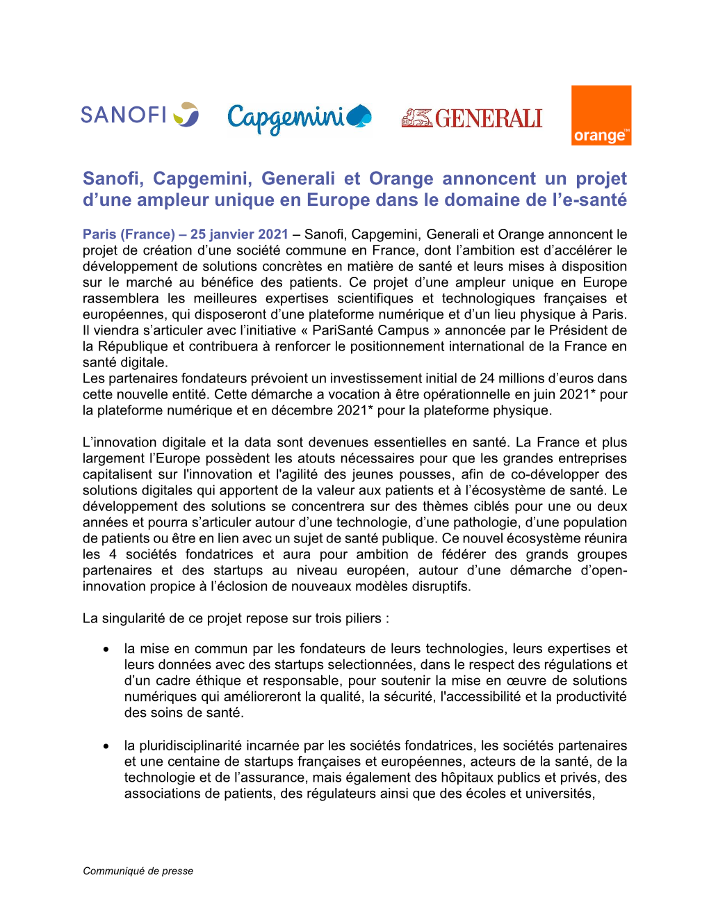 Sanofi, Capgemini, Generali Et Orange Annoncent Un Projet D'une Ampleur Unique En Europe Dans Le Domaine De L'e-Santé