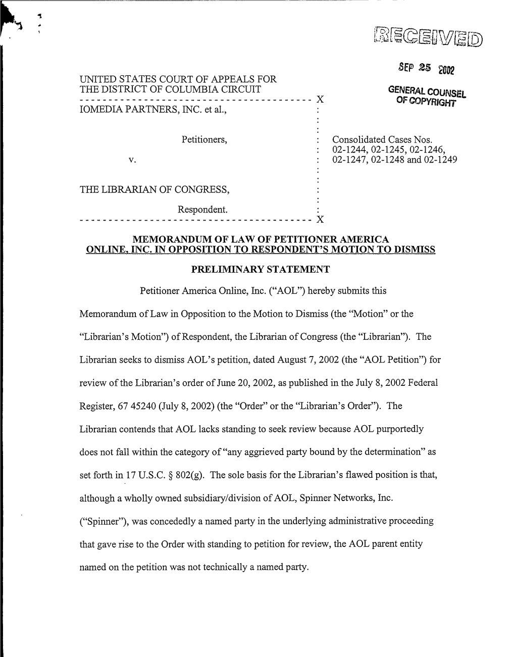 Memorandum of Law of Petitioner America Online, Inc. in Opposition