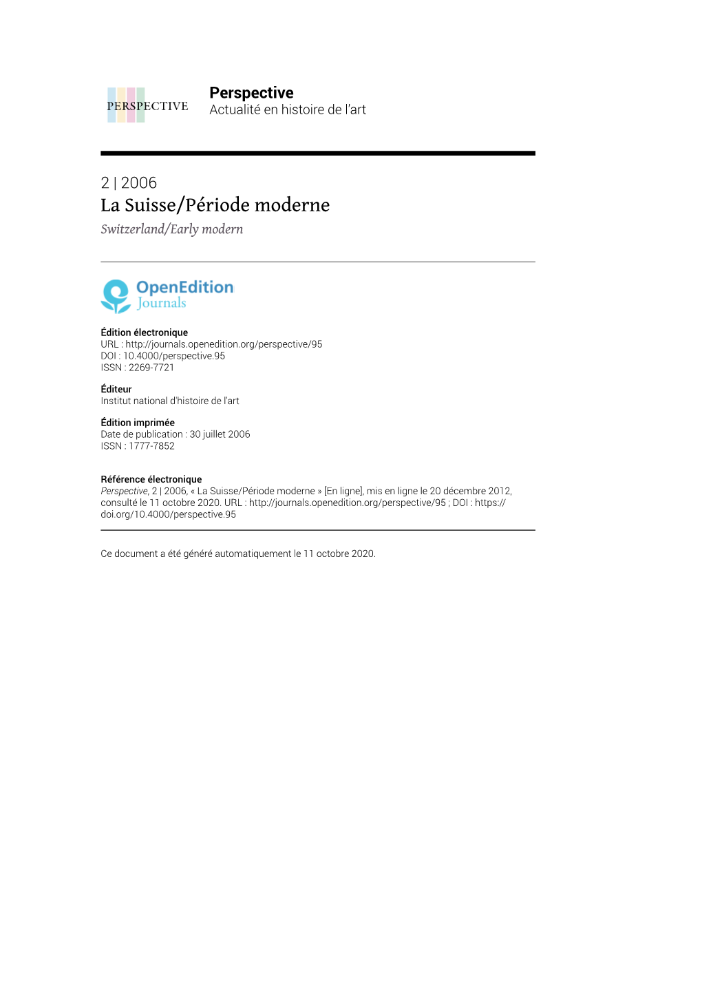 Perspective, 2 | 2006, « La Suisse/Période Moderne » [En Ligne], Mis En Ligne Le 20 Décembre 2012, Consulté Le 11 Octobre 2020
