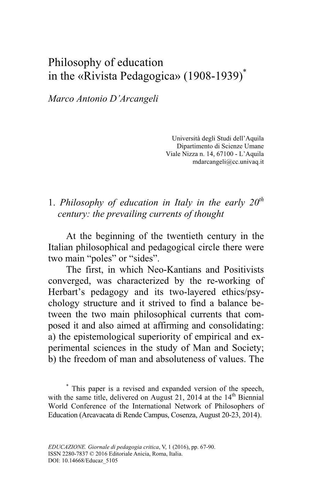 Philosophy of Education in the «Rivista Pedagogica» (1908-1939)*