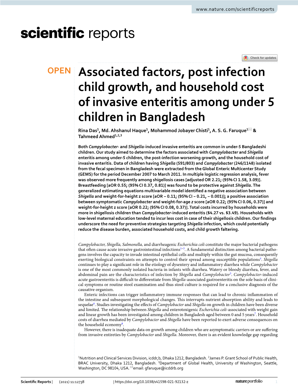 Associated Factors, Post Infection Child Growth, and Household Cost of Invasive Enteritis Among Under 5 Children in Bangladesh Rina Das1, Md