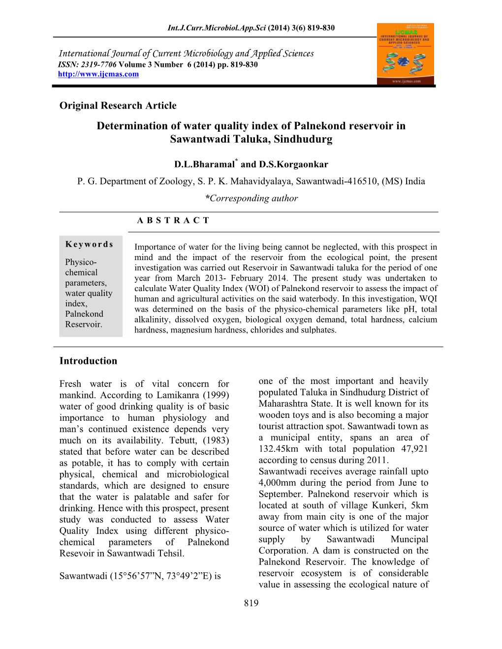 Determination of Water Quality Index of Palnekond Reservoir in Sawantwadi Taluka, Sindhudurg