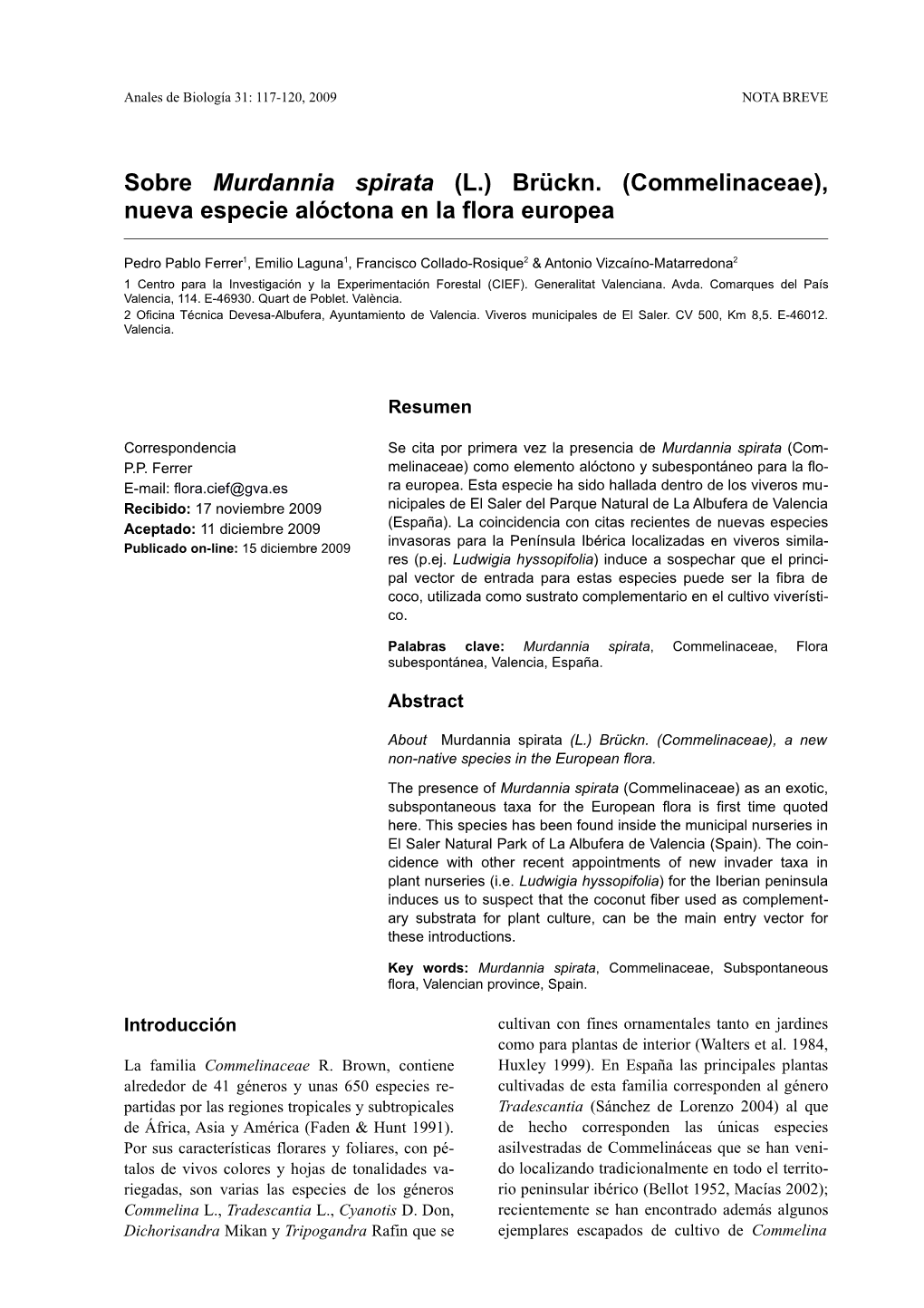 Sobre Murdannia Spirata (L.) Brückn. (Commelinaceae), Nueva Especie Alóctona En La Flora Europea