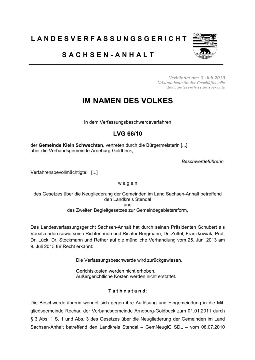 LVG 66/10 Der Gemeinde Klein Schwechten, Vertreten Durch Die Bürgermeisterin [...], Über Die Verbandsgemeinde Arneburg-Goldbeck