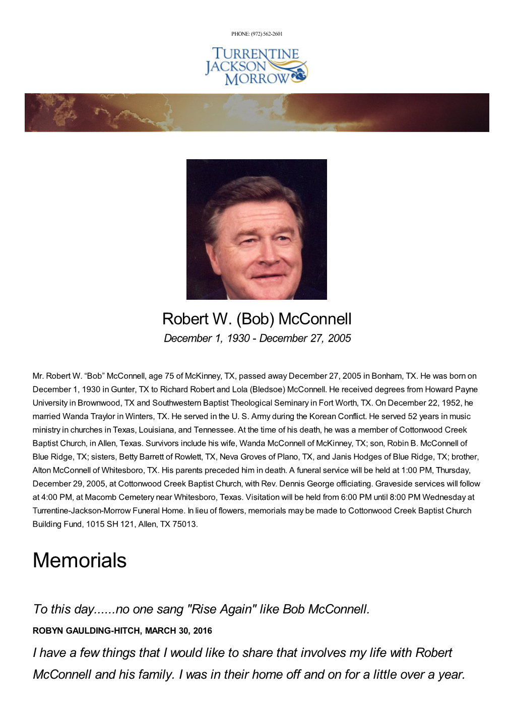 Robert W. (Bob) Mcconnell December 1, 1930 - December 27, 2005
