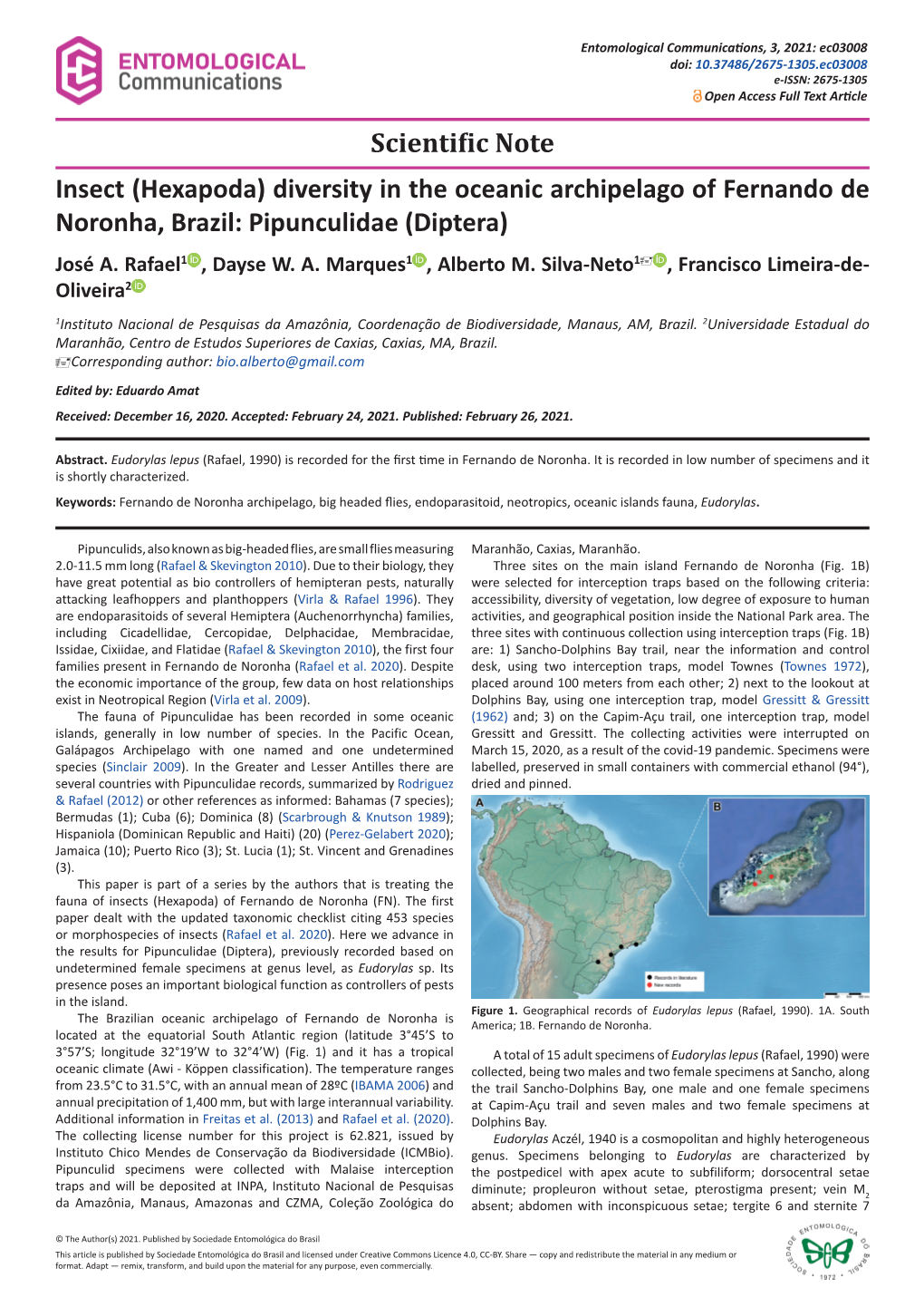 Insect (Hexapoda) Diversity in the Oceanic Archipelago of Fernando De Noronha, Brazil: Pipunculidae (Diptera) José A