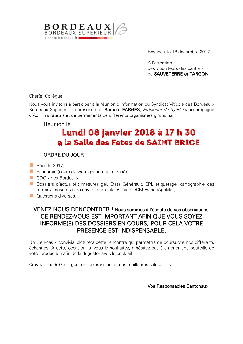 Réunion Le : CE RENDEZ-VOUS EST IMPORTANT AFIN QUE VOUS