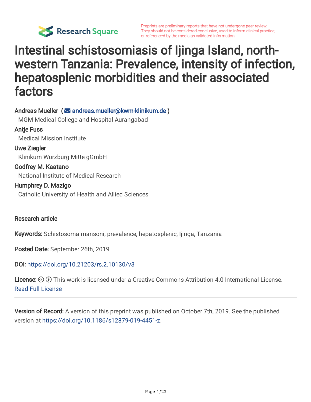 Intestinal Schistosomiasis of Ijinga Island, North- Western Tanzania: Prevalence, Intensity of Infection, Hepatosplenic Morbidities and Their Associated Factors