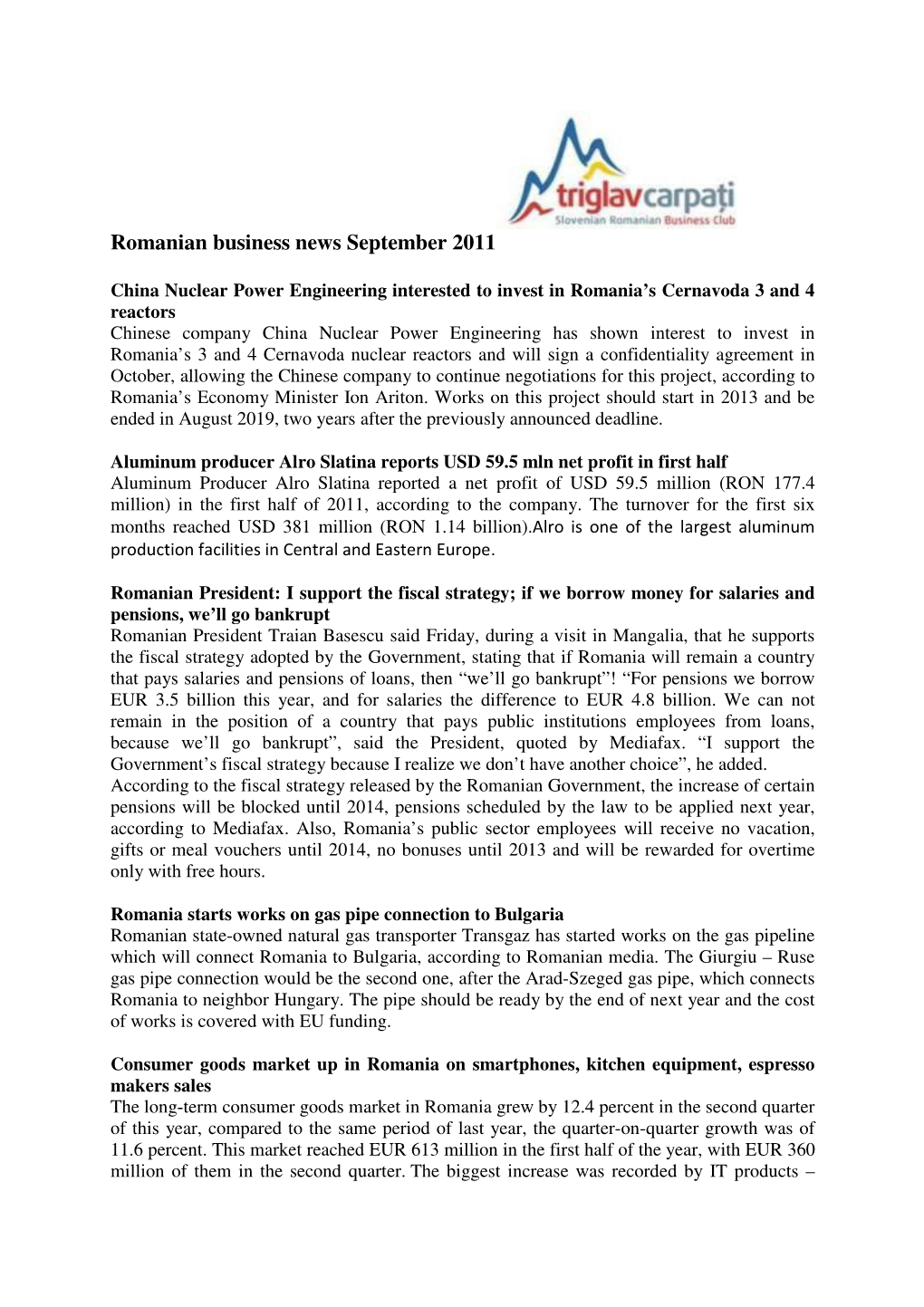 Romanian Business News September 2011