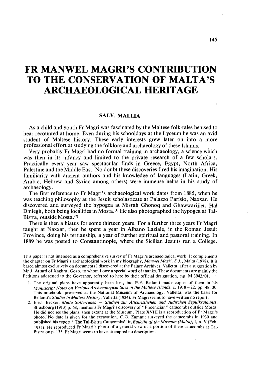 Fr Manwel Magri's Contribution to the Conservation of Malta's Archaeological Heritage