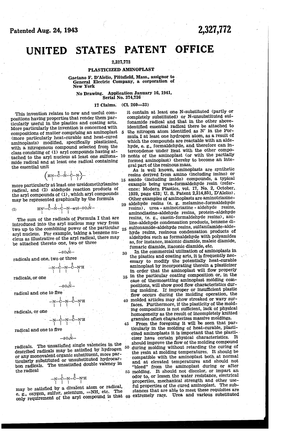 UNITED STATES PATENT OFFICE 2,327,772 PASTICZE DAMNOPLAST Gaetano F