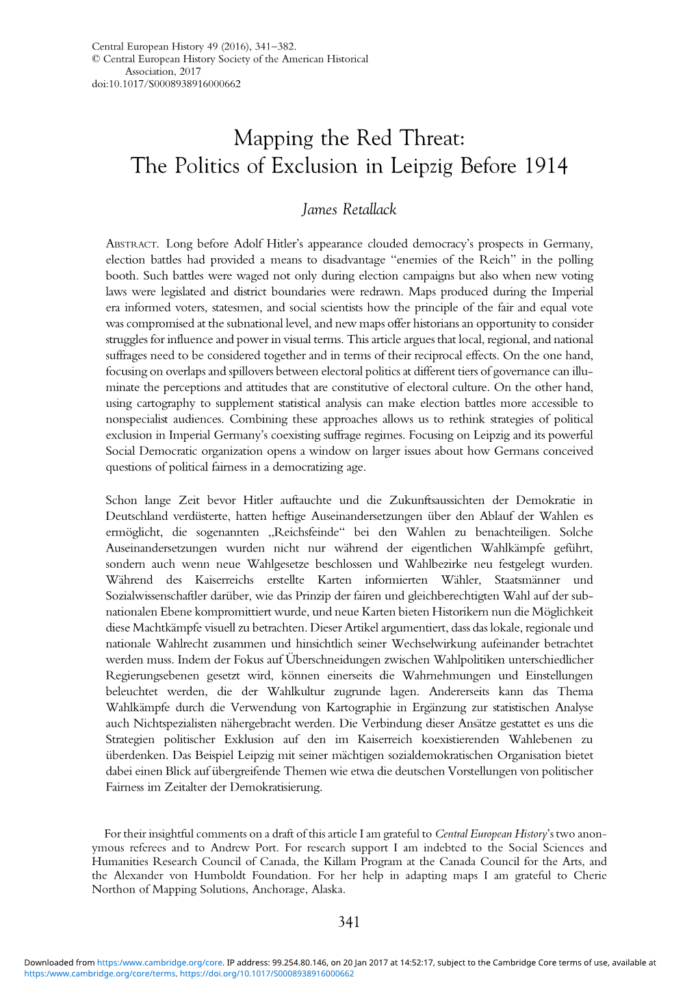 Mapping the Red Threat: the Politics of Exclusion in Leipzig Before 1914