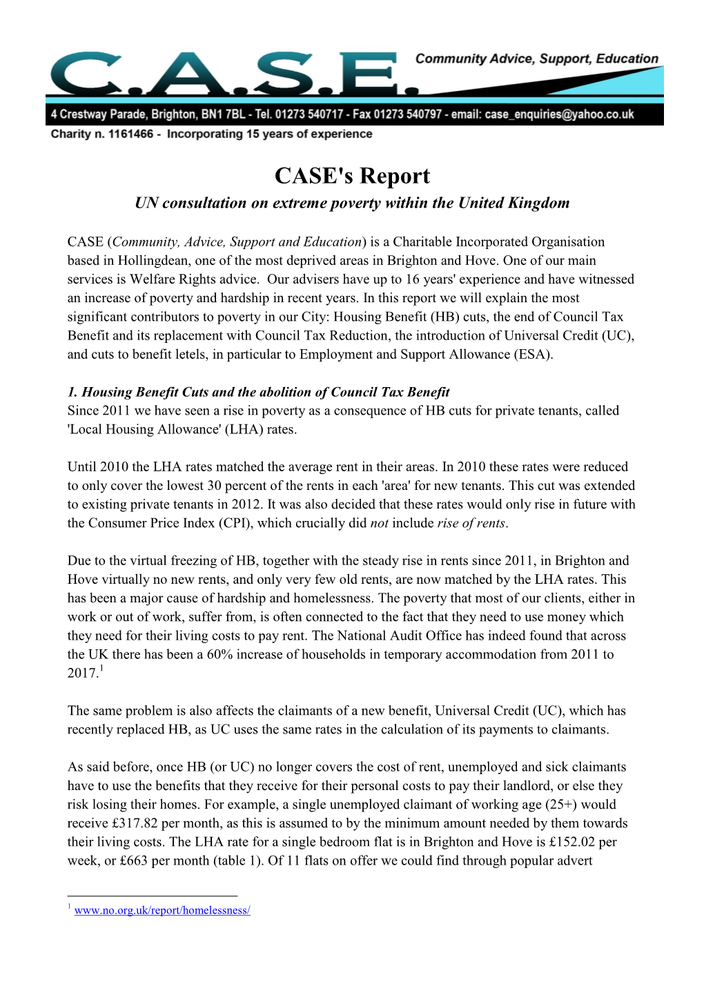 CASE's Report UN Consultation on Extreme Poverty Within the United Kingdom