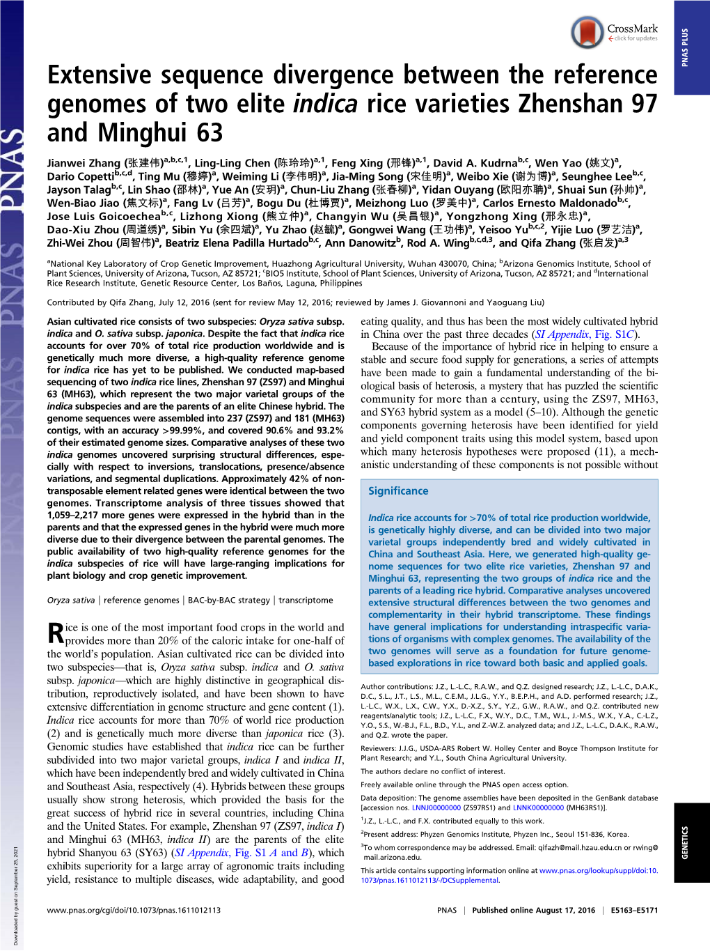 Extensive Sequence Divergence Between the Reference PNAS PLUS Genomes of Two Elite Indica Rice Varieties Zhenshan 97 and Minghui 63