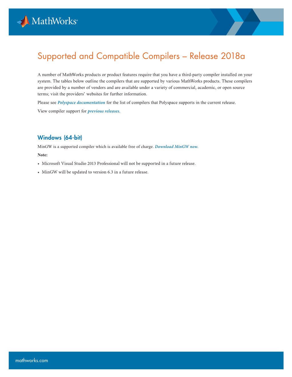 Supported and Compatible Compilers – Release 2018A