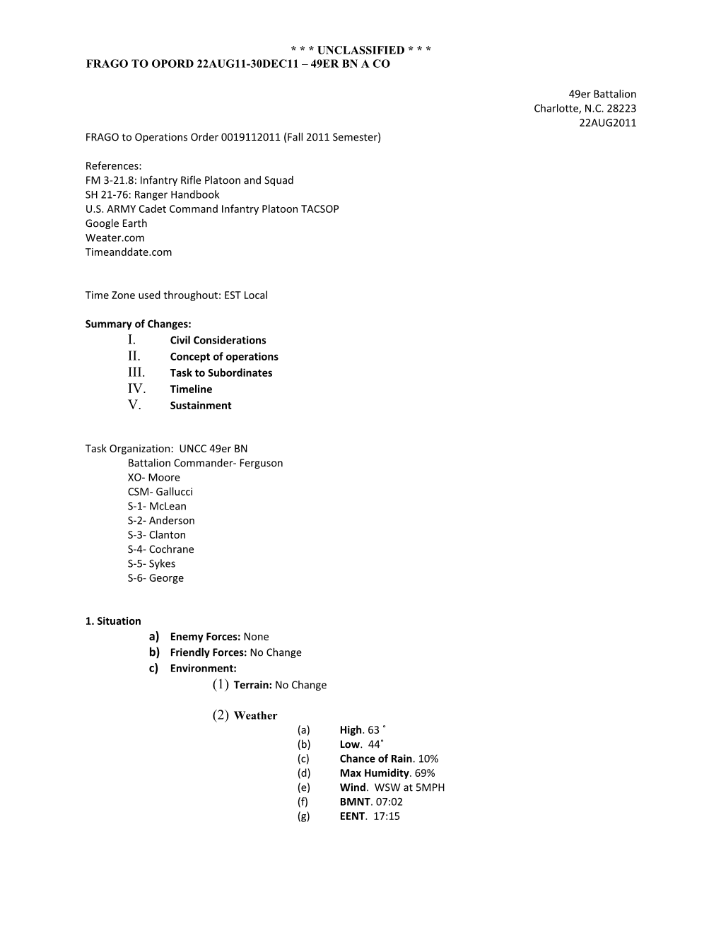 FRAGO to Operations Order 0019112011 (Fall 2011 Semester)