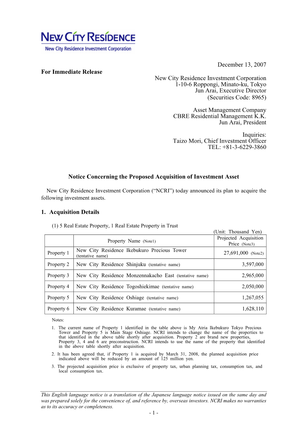 December 13, 2007 for Immediate Release New City Residence