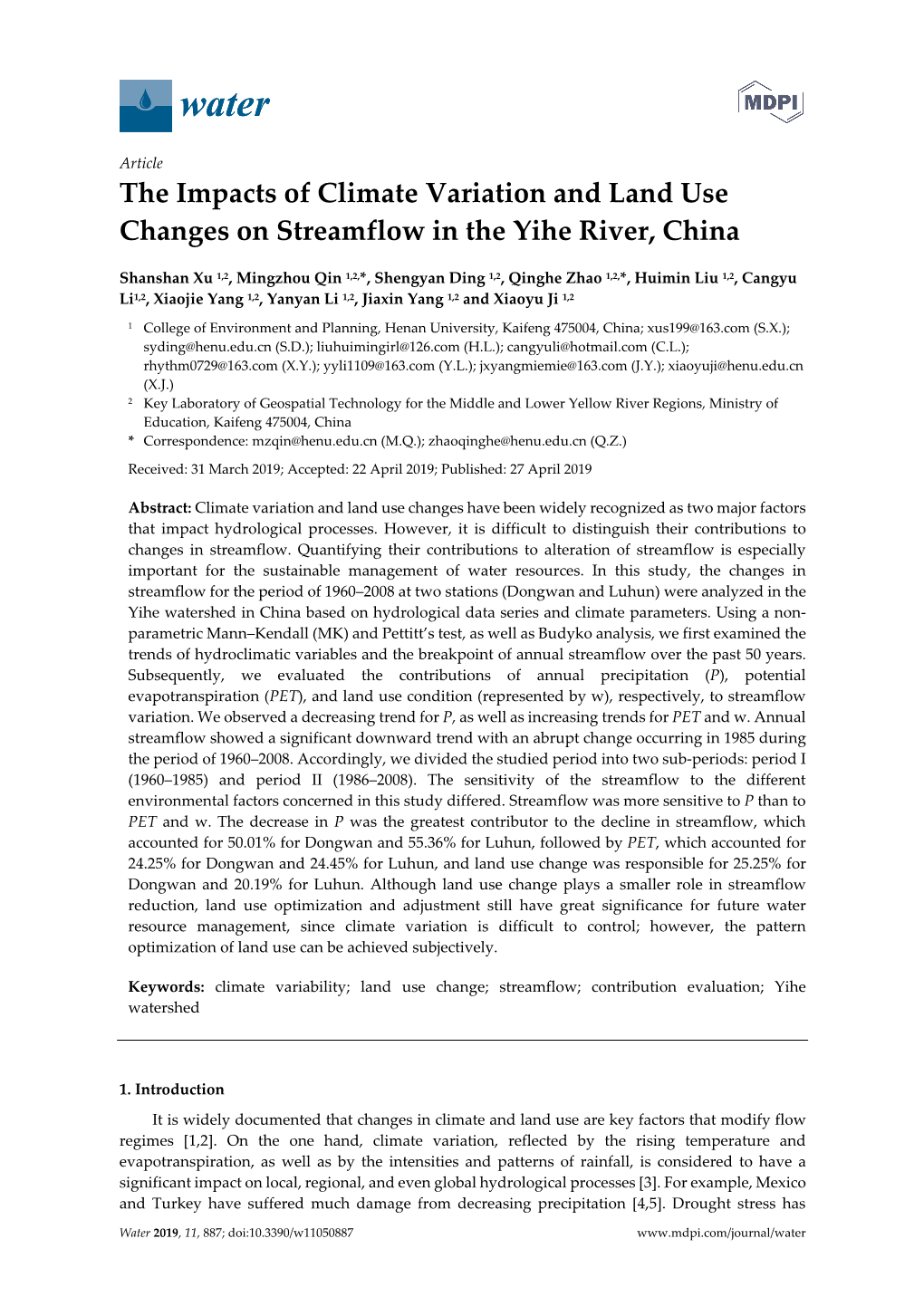 The Impacts of Climate Variation and Land Use Changes on Streamflow in the Yihe River, China