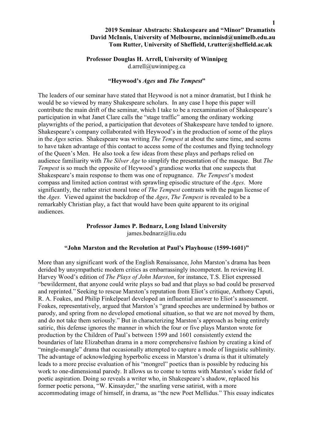 2019 Seminar Abstracts: Shakespeare and “Minor” Dramatists