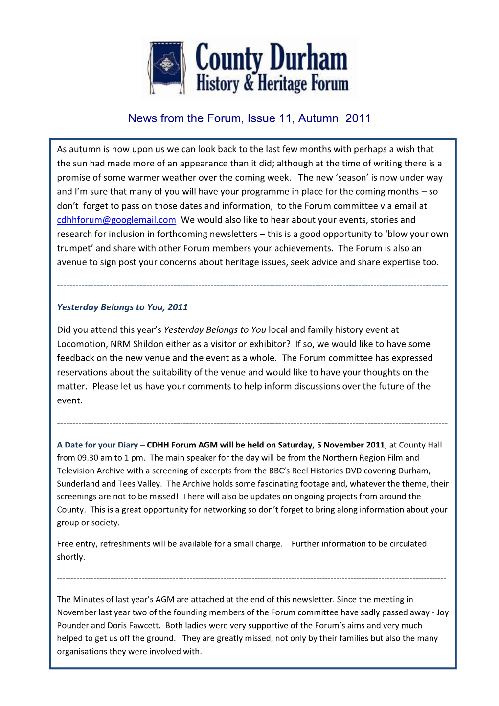 News from the Forum, Issue 11, Autumn 2011