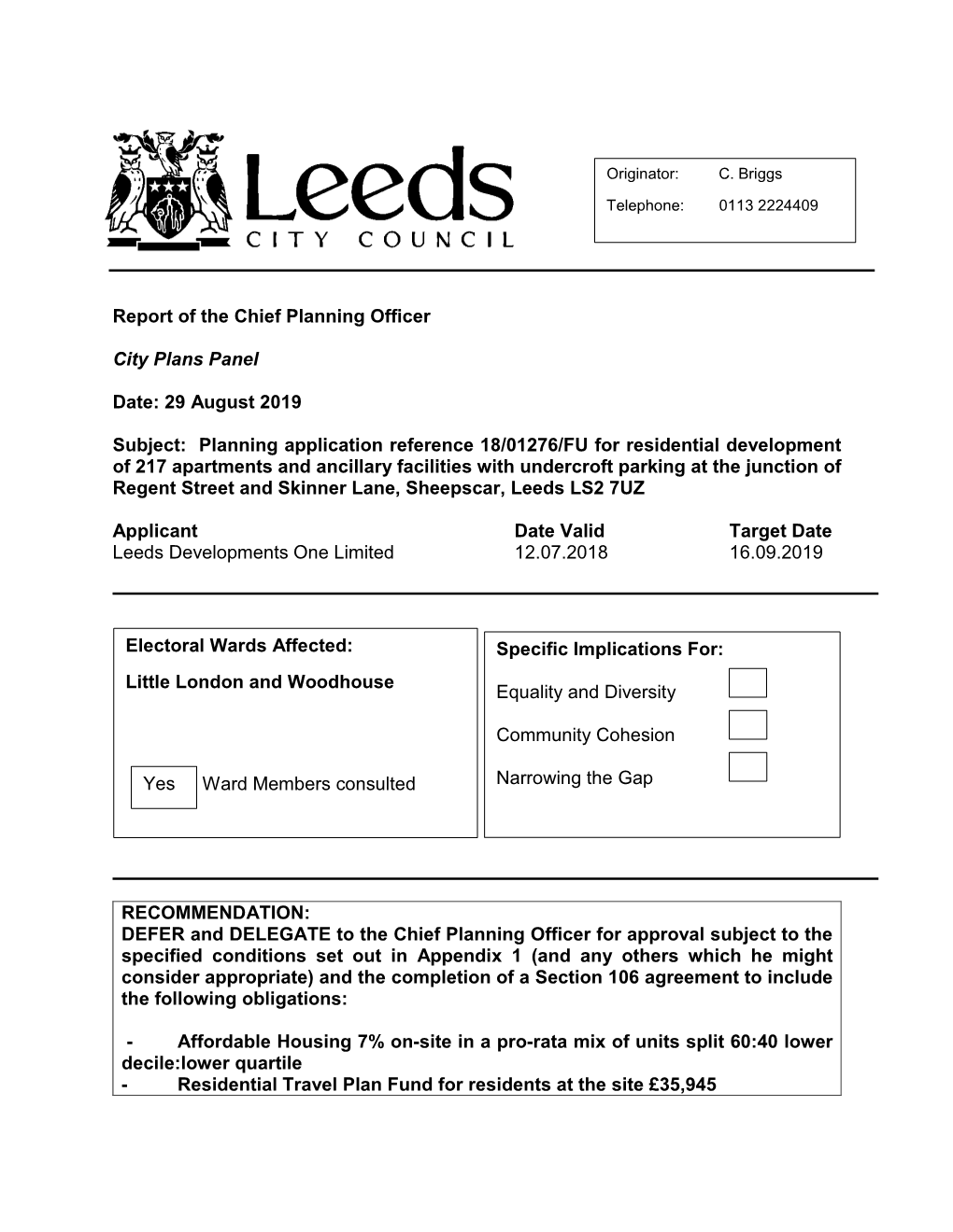 29 August 2019 Subject: Planning Application Reference 18/01276/FU F