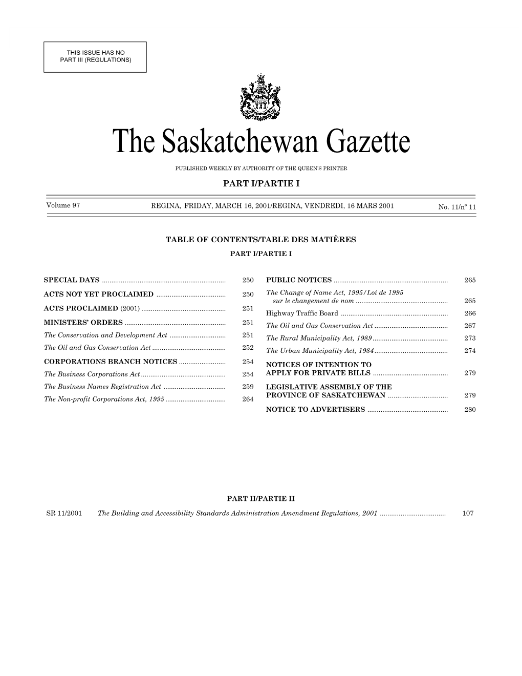 Sask Gazette, Part I, Mar 16, 2001