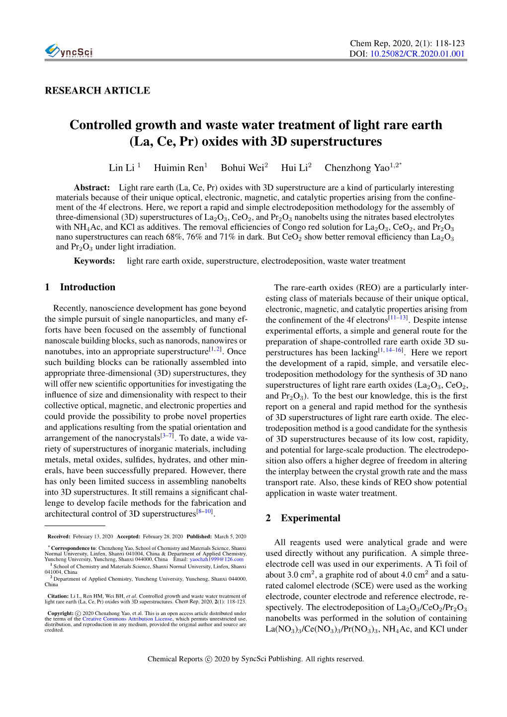 Controlled Growth and Waste Water Treatment of Light Rare Earth (La, Ce, Pr) Oxides with 3D Superstructures