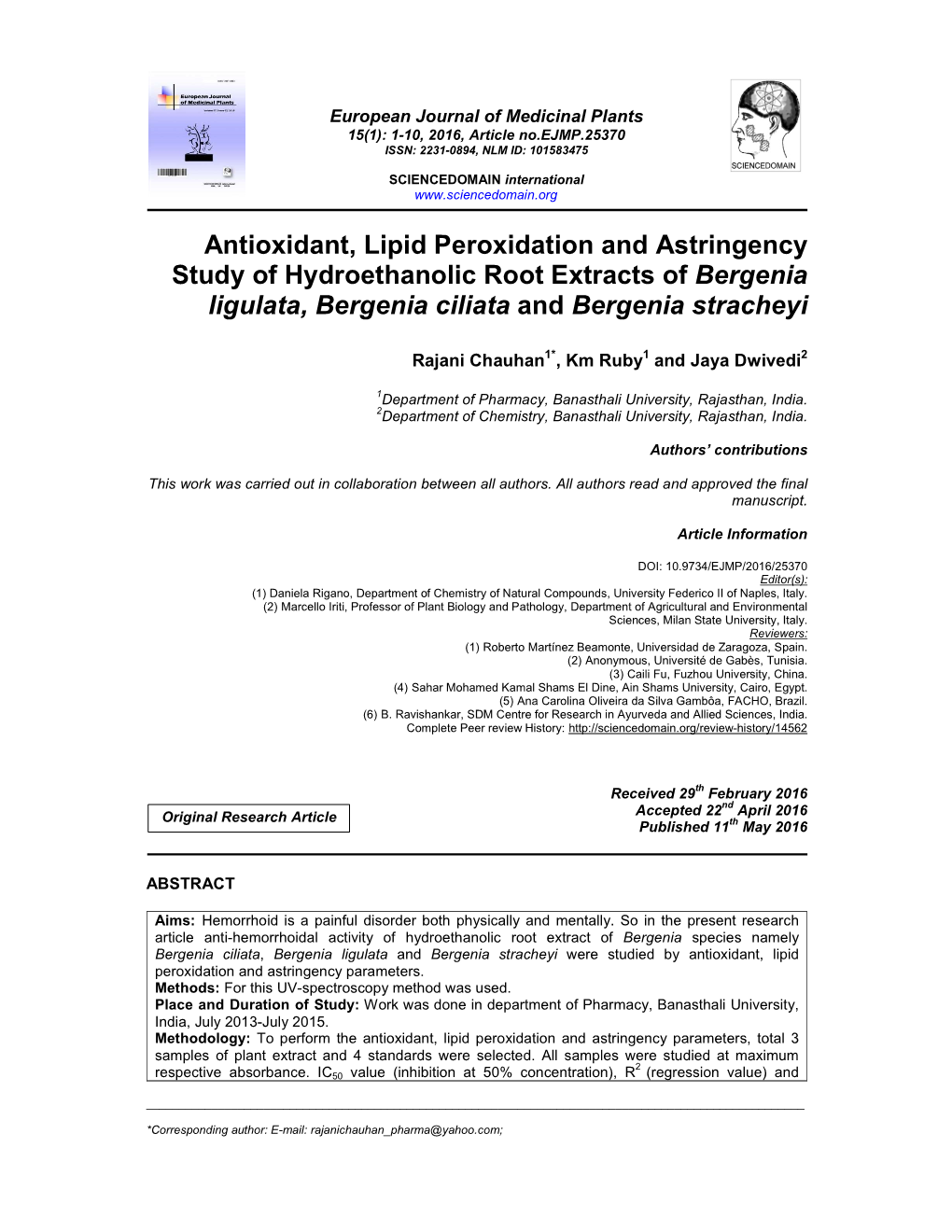 Antioxidant, Lipid Peroxidation and Astringency Study of Hydroethanolic Root Extracts of Bergenia Ligulata, Bergenia Ciliata and Bergenia Stracheyi