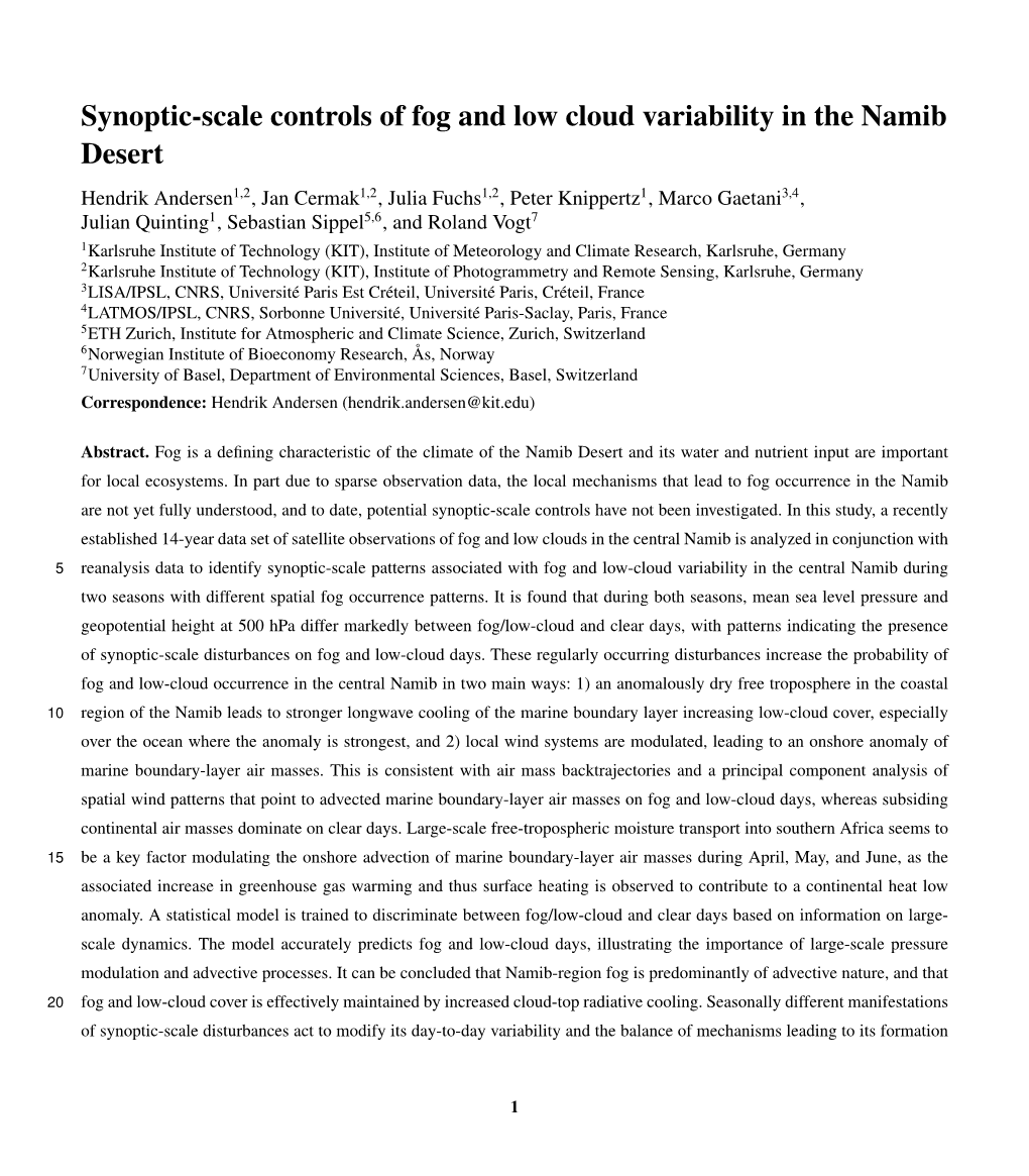 Synoptic-Scale Controls of Fog and Low Cloud Variability in the Namib Desert