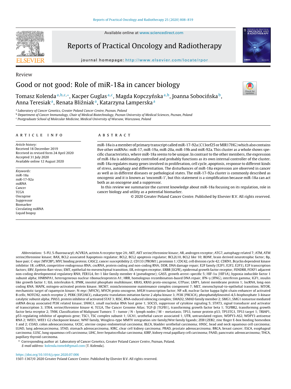 Role of Mir-18A in Cancer Biology