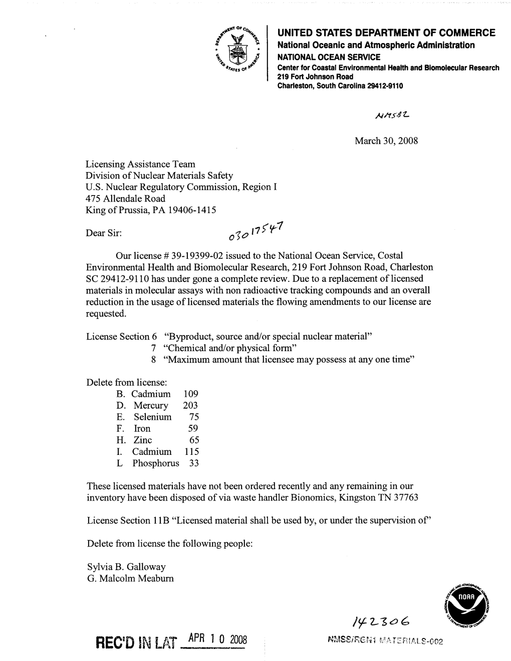 Department of Commerce, Amendment Request Letter Dtd 03