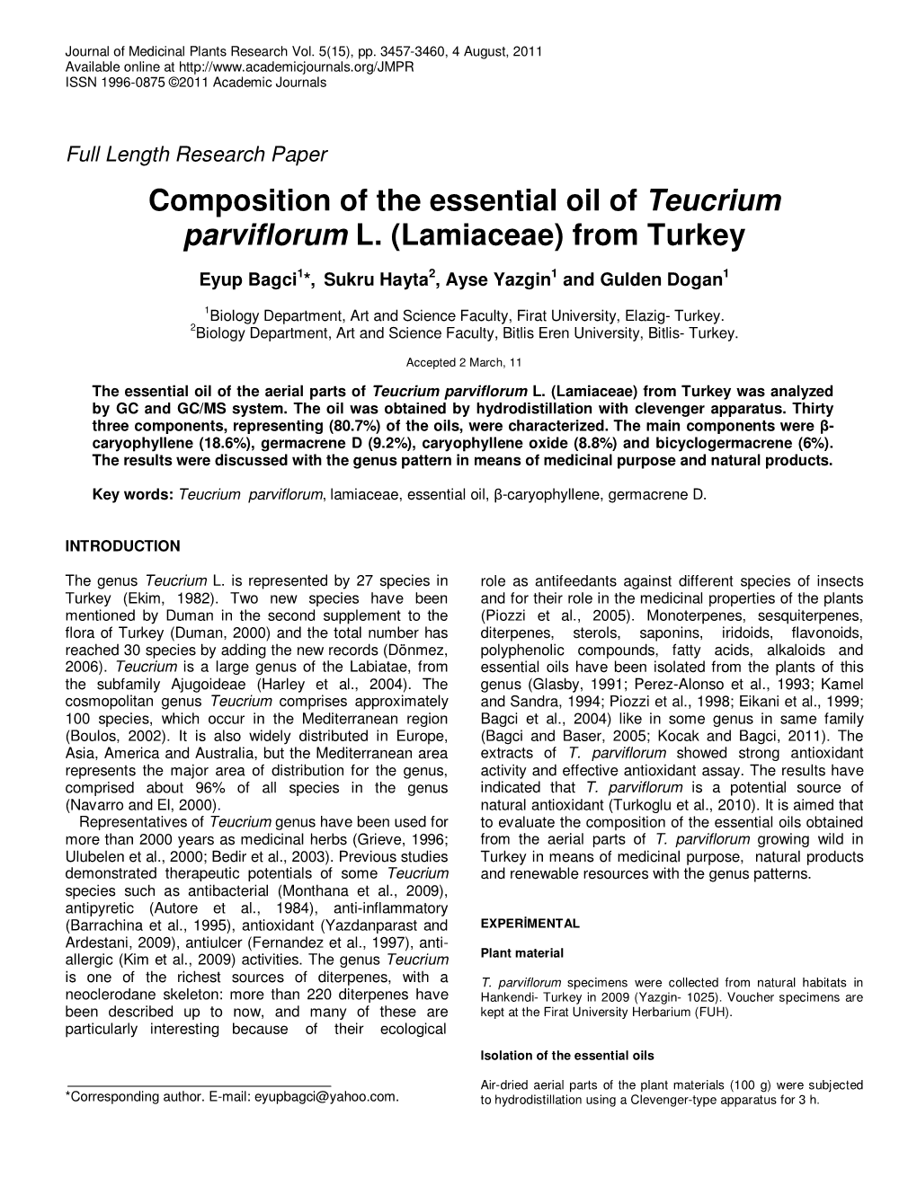 Composition of the Essential Oil of Teucrium Parviflorum L