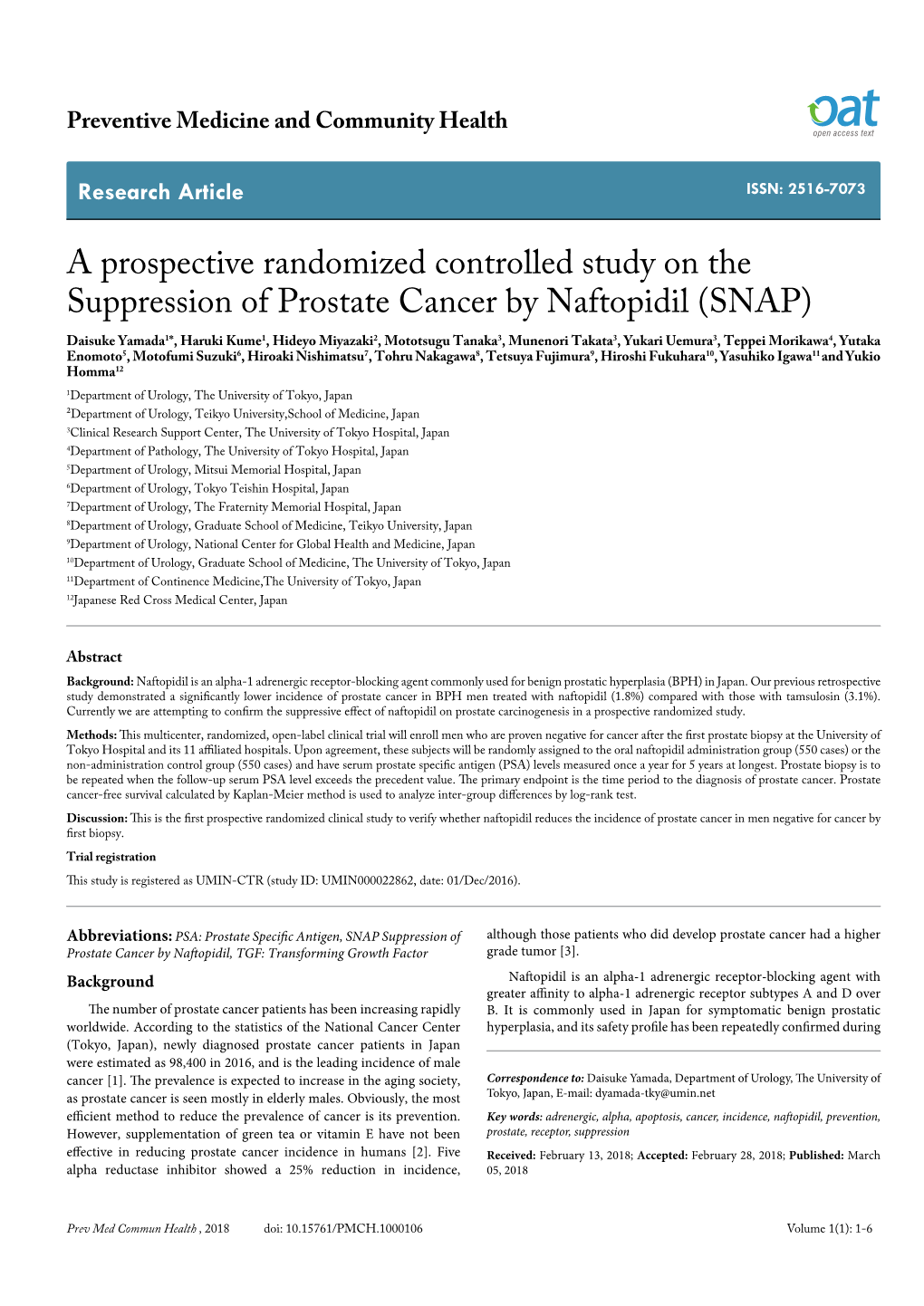 A Prospective Randomized Controlled Study on the Suppression of Prostate Cancer by Naftopidil (SNAP)