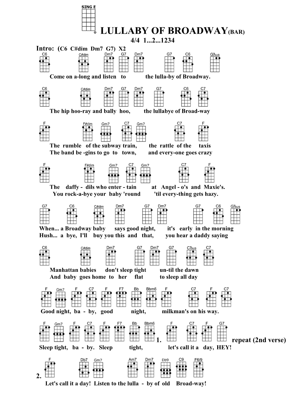 LULLABY of BROADWAY(BAR) 4/4 1...2...1234 Intro: (C6 C#Dim Dm7 G7) X2