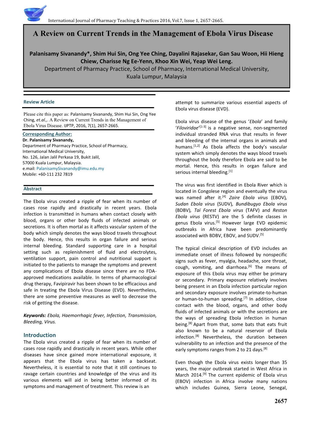 A Review on Current Trends in the Management of Ebola Virus Disease