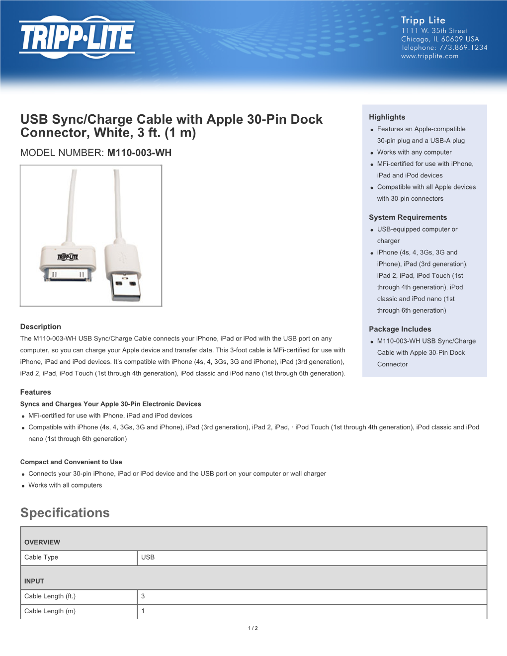 USB Sync/Charge Cable with Apple 30-Pin Dock Connector, White, 3 Ft