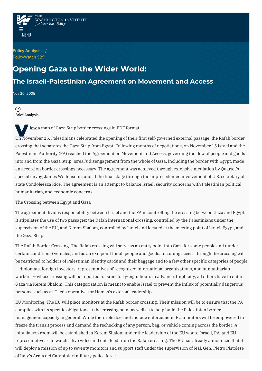 Opening Gaza to the Wider World: the Israeli-Palestinian Agreement on Movement and Access