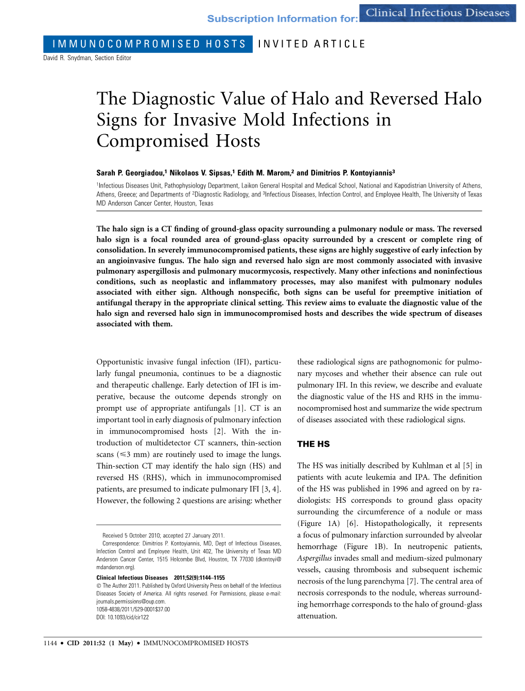 The Diagnostic Value of Halo and Reversed Halo Signs for Invasive Mold Infections in Compromised Hosts