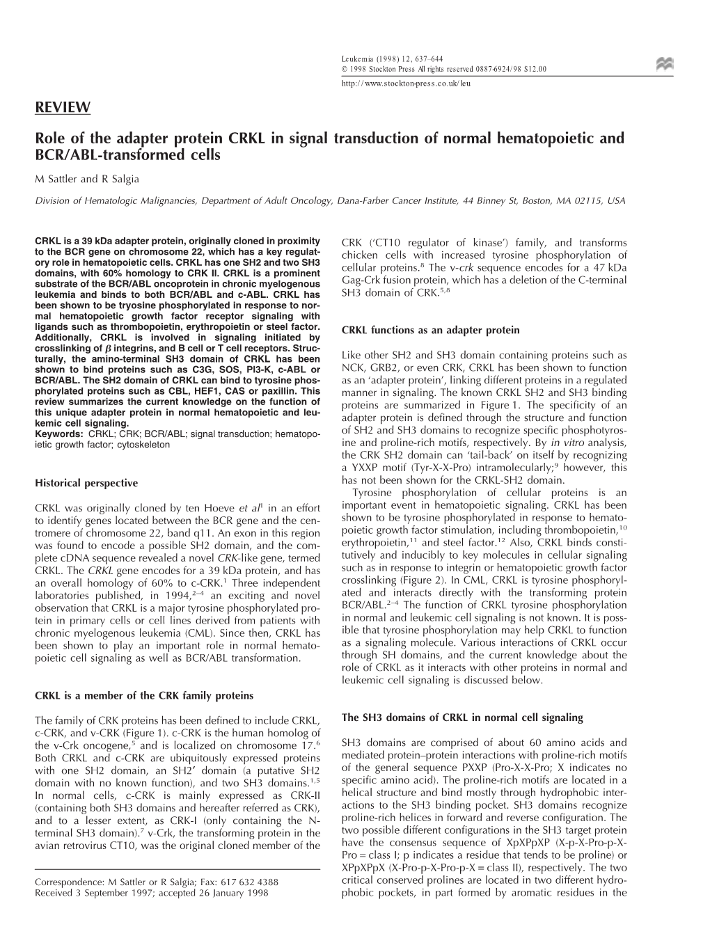 REVIEW Role of the Adapter Protein CRKL in Signal Transduction Of