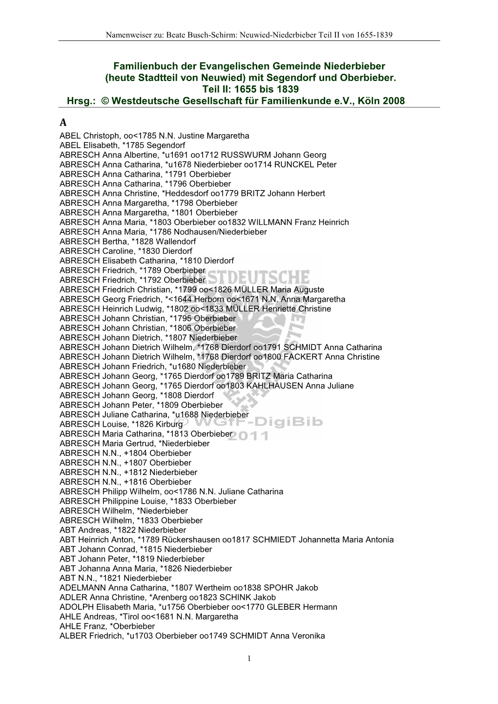 Personenregister Zum Familienbuch Der Ev